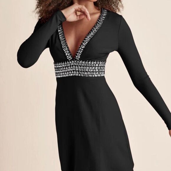 Venus Black Rhinestone V-Neck Long Sleeve Mini Dress NWT Size 4 - Picture 3 of 9
